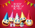 Birthday smileys greeting vector design. Happy birthday text with smiley emojis in party hats, cupcake and gift celebration.