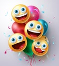 Birthday smileys greeting vector design. Happy birthday text with smiley emojis in party hats, cupcake and gift celebration. Royalty Free Stock Photo