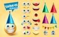 Birthday smileys kit creator vector set. Emoji 3d birth day character with editable face parts and elements like party hat.