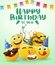 Birthday smileys vector design. Happy birthday to you text with celebrating emoji blowing cake candle for party greeting.