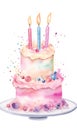 Birthday strawberry cake with candles on white background with copy space