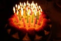 Birthday strawberry cake with lighted candles