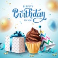 Birthday surprise vector concept design. Happy birthday text with celebration elements. Royalty Free Stock Photo