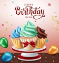 Birthday surprise vector concept design. Happy birthday text with celebration elements of cupcake, gift, party hat for birth day. Royalty Free Stock Photo