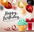 Birthday surprise vector design. Happy birthday text with celebration elements of cupcake, gift and balloons for birth day.