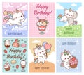Birthday sweets cards. Kids party invitations, greeting banners, fairy little unicorns kittens with sweet desserts and