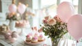 Birthday table decoration with sweets, flowers, candles and pink balloons Royalty Free Stock Photo