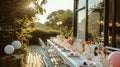 Birthday table decoration with sweets, flowers, candles and pink balloons Royalty Free Stock Photo