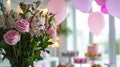 Birthday table decoration with sweets, flowers, candles and pink balloons Royalty Free Stock Photo