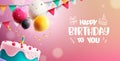 Birthday text vector design. Happy birthday greeting typography with cake and colorful balloons pink background. Royalty Free Stock Photo