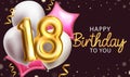 Birthday 18th vector background design. Happy birthday text with balloons and confetti elements