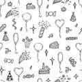 Birthday theme. Hand drawn party seamless pattern. Cute doodle background. Happy Birthday Royalty Free Stock Photo