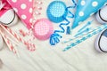 Birthday girl flat lay, top view and copy space for text, frame or background with pink festival items, party hats and streamers, Royalty Free Stock Photo