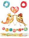 Birthday and Valentine Card with birds and heart, watercolor cheerful decorative garland