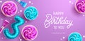 Birthday vector background design. Happy birthday greeting text with cupcakes and number three celebration elements.