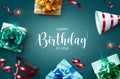 Birthday vector background design. Happy birthday to you text with gift boxes, party hats and shiny confetti elements. Royalty Free Stock Photo