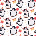 Birthday vector seamless pattern with funny dancing penguins in birthday caps with confetti, garland, gifts, balloons