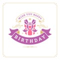 Birthday vintage greeting card typography template purple ribbon gift box vector flat Royalty Free Stock Photo