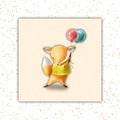 birthday watercolor card with funny fox with balloons, holiday card template Royalty Free Stock Photo
