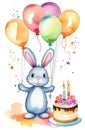 birthday watercolor greeting card with cute bunny holding colorful balloons, cake and candles Royalty Free Stock Photo