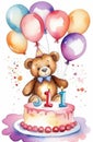 birthday watercolor greeting card with cute teddy bear holding colorful balloons, cake and candles Royalty Free Stock Photo