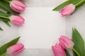 Birthday or wedding mockup with white paper list, pink tulip flowers on light stone background top view. Beautiful woman day card. Royalty Free Stock Photo