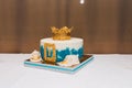 Birthday white and blue cake for 1 year old boy. Birthday cake for boy. Royalty Free Stock Photo