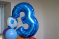 Birthday 3 years., 3 from a blue balloon foil, Elegant blue congratulations on the celebration of the triennial anniversary of