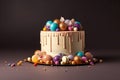 Birthday yellow cake on a stand decorated with sweets on a yellow Royalty Free Stock Photo