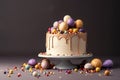Birthday yellow cake on a stand decorated with sweets on a yellow background poured with chocolate, Generative AI Royalty Free Stock Photo