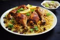 Biryani chicken with basmati rice and raisins, Chicken kabsa, homemade arabian rice, AI Generated Royalty Free Stock Photo