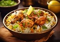 Biryani with chicken,basmati rice and vegetables in pan on table.Macro.AI Generative Royalty Free Stock Photo