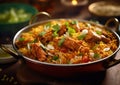 Biryani with chicken,basmati rice and vegetables in pan on table.Macro.AI Generative Royalty Free Stock Photo