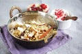 Biryani indian rice dish with coconut and pommegranate raita Royalty Free Stock Photo