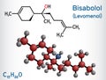 Bisabolol, alpha-Bisabolol, levomenol molecule. Structural chemical formula, molecule model.