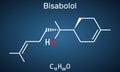 Bisabolol, alpha-Bisabolol, levomenol molecule. Structural chemical formula on the dark blue background.