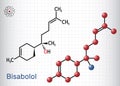 Bisabolol, alpha-Bisabolol, levomenol molecule. Structural chemical formula, molecule model. Sheet of paper in a cage Royalty Free Stock Photo