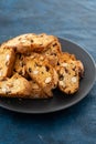 Biscotti with almond, walnuts and cranberry. Delicious cantucci cookies. Royalty Free Stock Photo