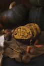 Biscotti cake with nuts, chocolate and pumpkin on a dark table Royalty Free Stock Photo