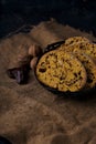 Biscotti cake with nuts, chocolate and pumpkin on a dark table Royalty Free Stock Photo