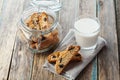 Biscotti or cantucci with raisins on wooden rustic table, traditional Italian biscuit