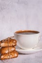 Biscotti Cantuccini Cookie Biscuits with Almonds Shortbread. White cup of coffee and traditional homemade italian Royalty Free Stock Photo