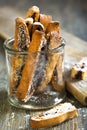 Biscotti with chocolate in a glass jar. Royalty Free Stock Photo