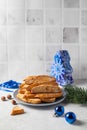 Biscotti with nuts. Delicious cantucci cookies. Cantuccini. Traditional italian homemade Christmas New Year biscuits. Royalty Free Stock Photo