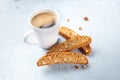 Biscotti. Traditional Italian almond cookies with a cup of coffee Royalty Free Stock Photo