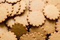 Biscuit background. Brown round cookies texture. Fattening unhealthy concept