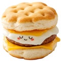 Close up of a biscuit sandwich with cheese egg and sausage with a cute face on the egg on white Royalty Free Stock Photo