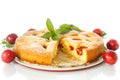 Biscuit cake with cherry plums Royalty Free Stock Photo