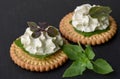 Biscuit cracker appetizer with cream cheese and basil topping Royalty Free Stock Photo