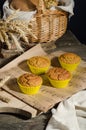 Biscuit cupcakes in silicone molds on wooden background with hard light with selective focus